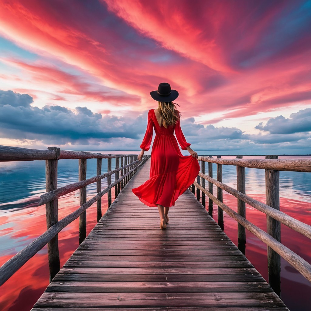 Woman in Red Dress on Pier at Sunset
