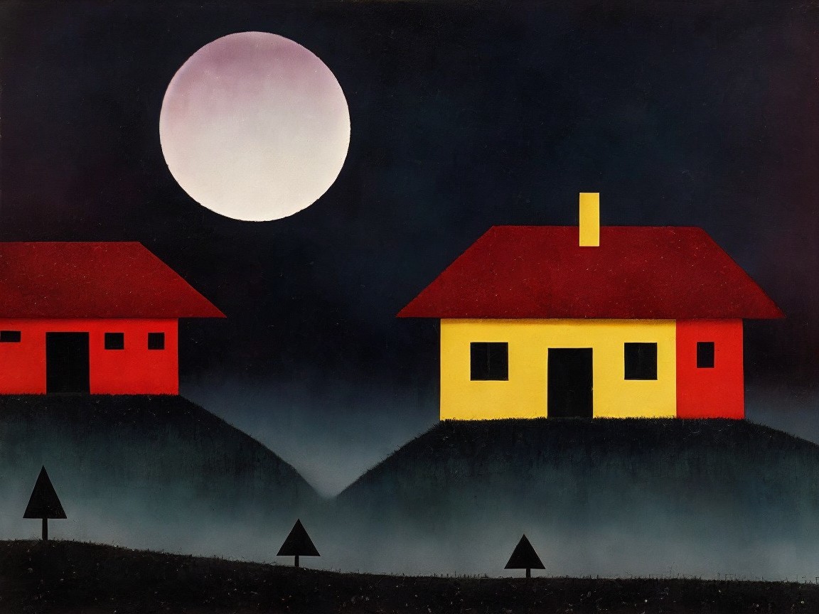Night Scene with Stylized Houses and Glowing Moon
