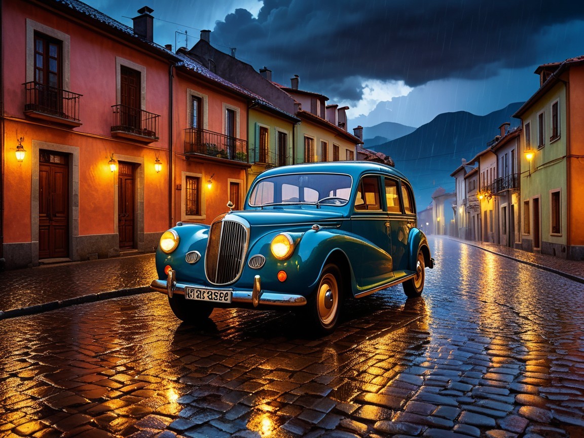Vintage Blue Car on Cobblestone Street at Dusk