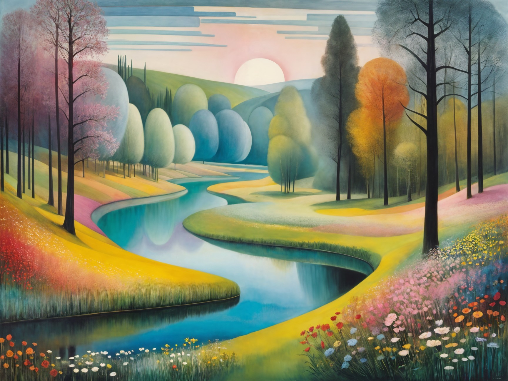 Serene Landscape with Winding River and Wildflowers