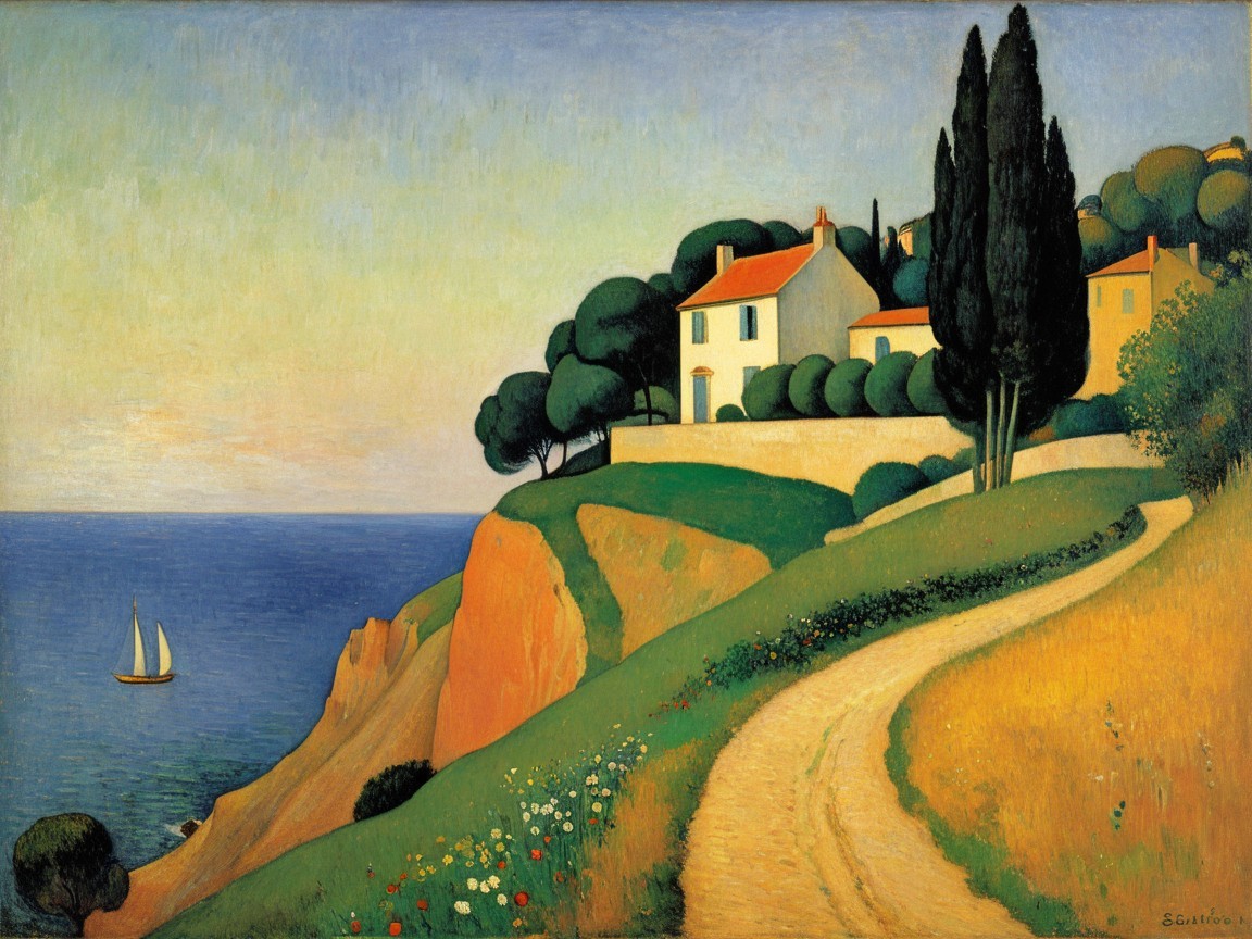 Serene Coastal Landscape with House and Sailboat