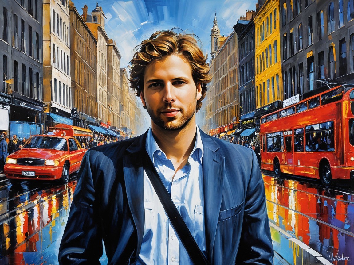 Young Man in Vibrant Cityscape with Rain-Soaked Pavement