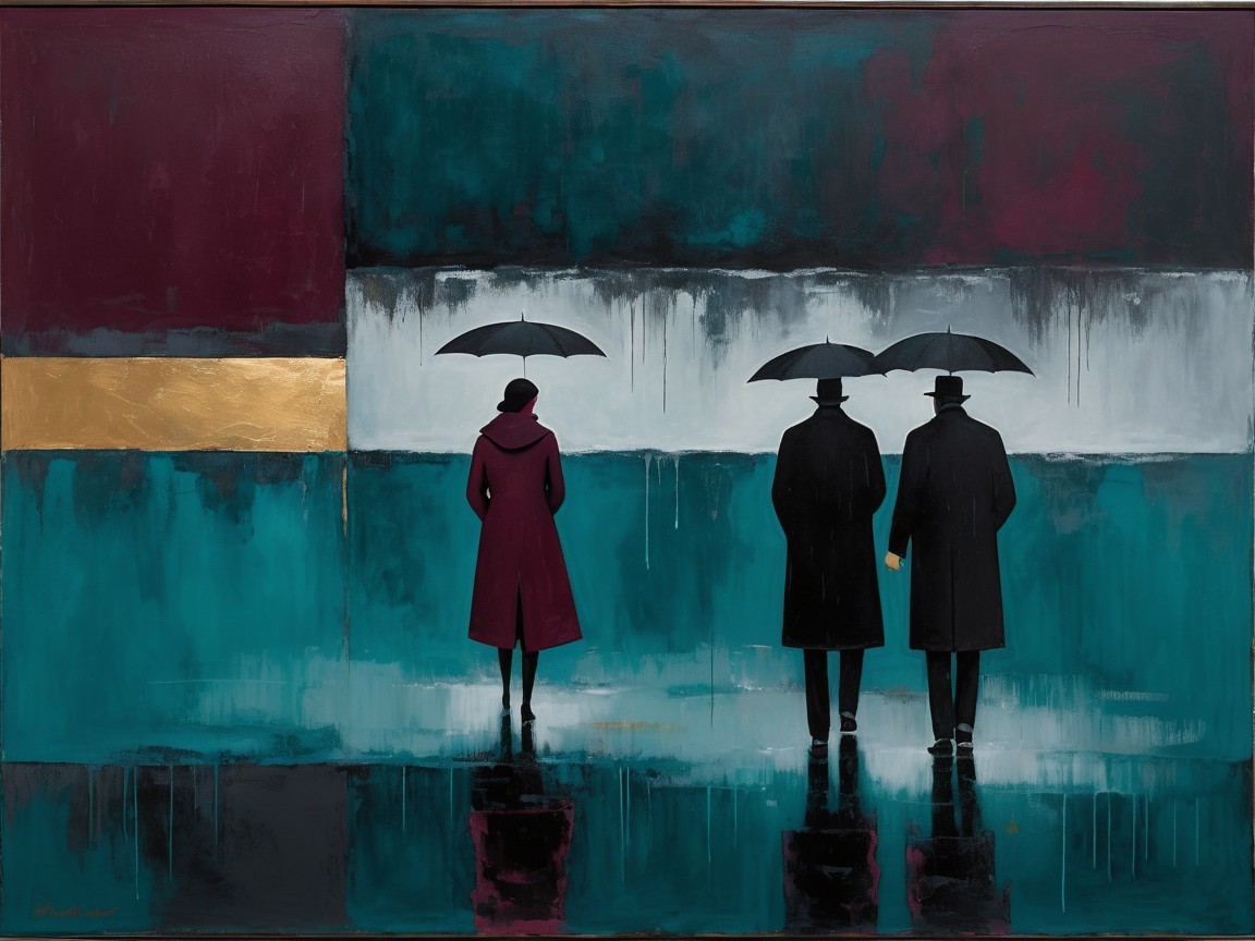Three Figures with Umbrellas in Rainy Setting