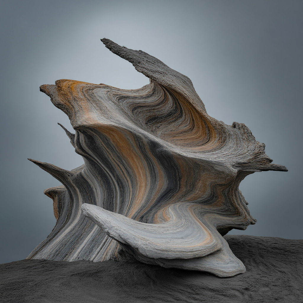 Abstract Rock Formation with Swirling Gray and Orange Layers