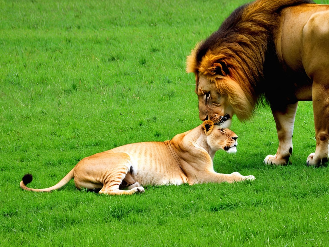 Lion and lioness in a serene green field setting