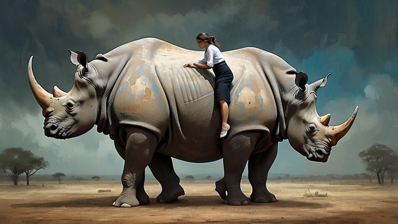 Surreal Scene of Girl on Two Rhinoceroses in Landscape