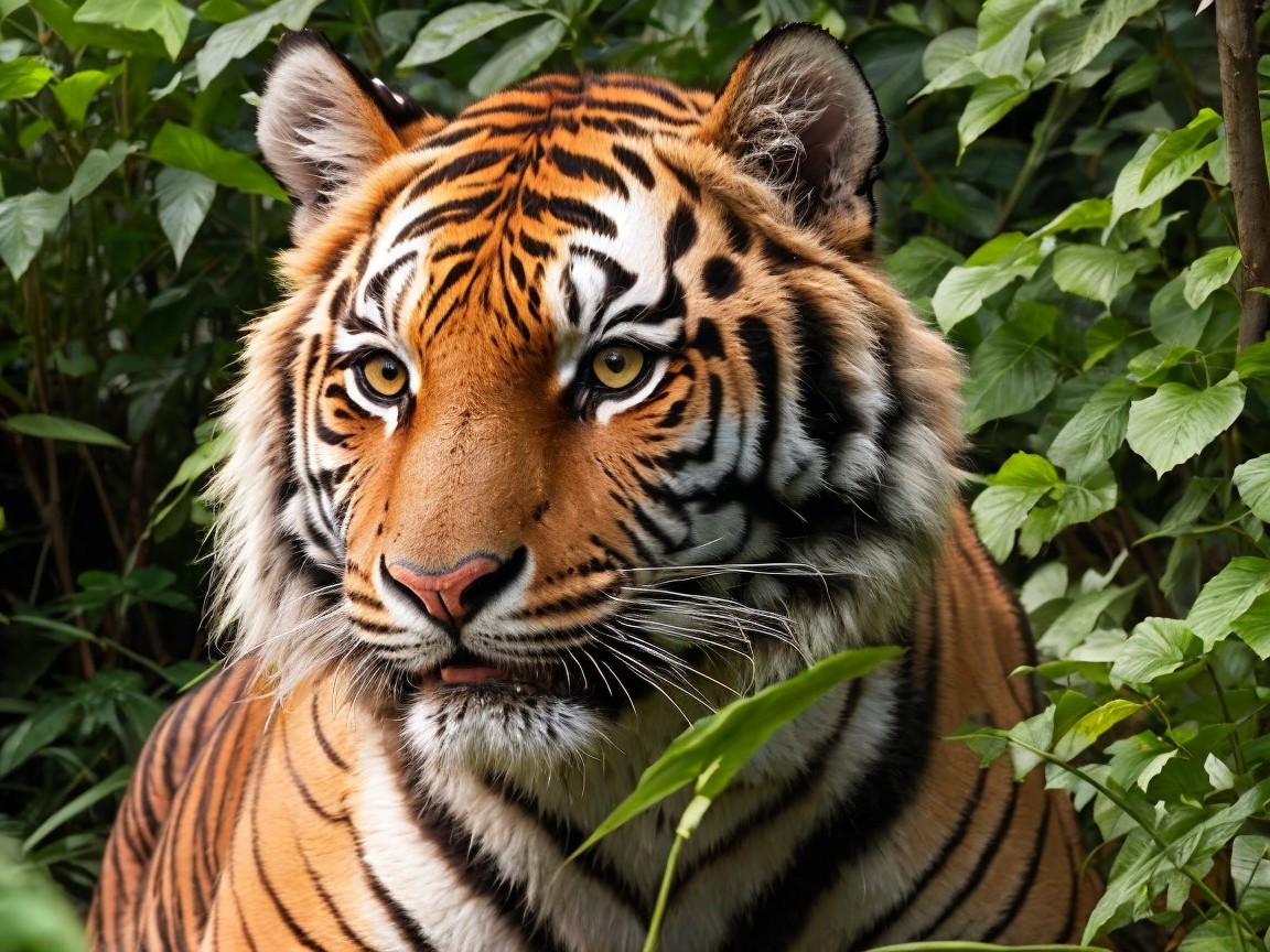 Majestic tiger in lush green habitat with striking fur