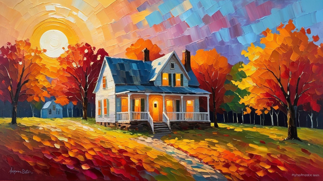 Charming White House with Blue Roof in Autumn Setting