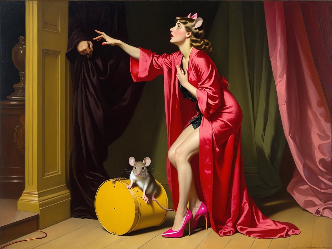 Glamorous Woman in Pink Robe Poses in Dim Room