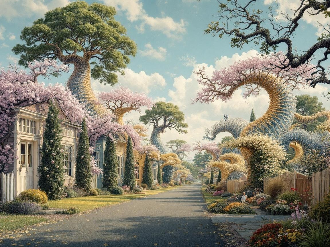 Surreal Street with Whimsical Houses and Trees