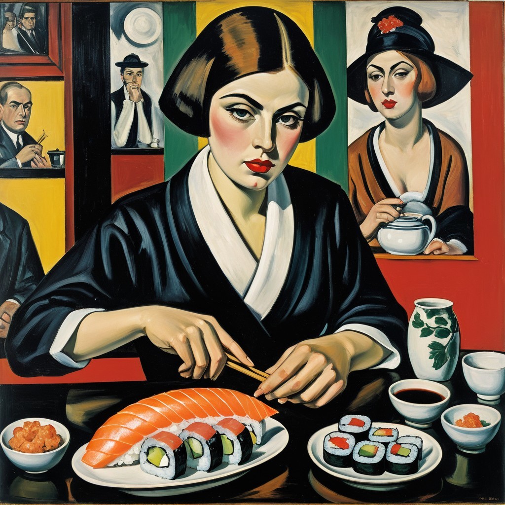 Woman Prepares Sushi with Chopsticks in Colorful Setting