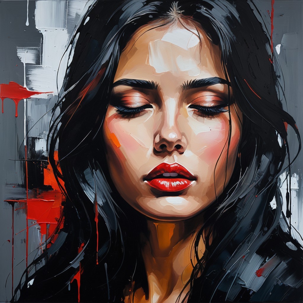 Close-up Portrait of a Woman with Dark Hair and Red Lips