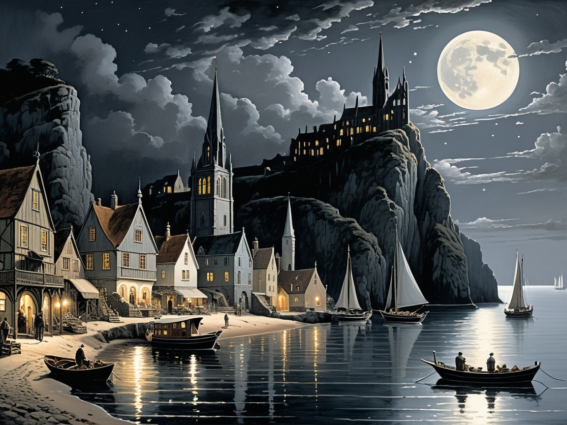 Coastal Village Under Full Moon with Charming Houses