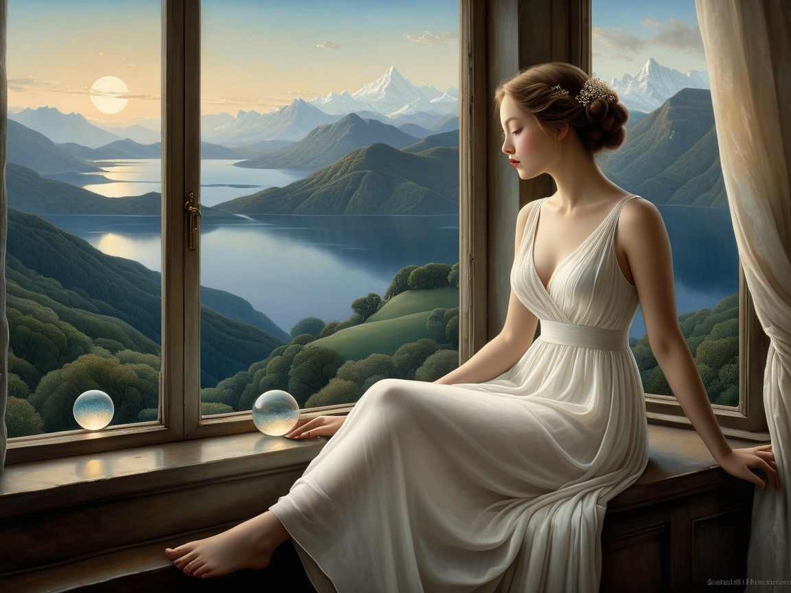 Serene Room with Woman in White Dress and Lake View