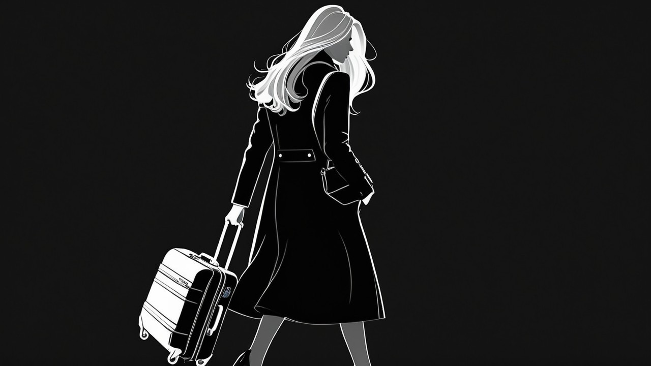 Stylish woman in sleek coat with suitcase on black background