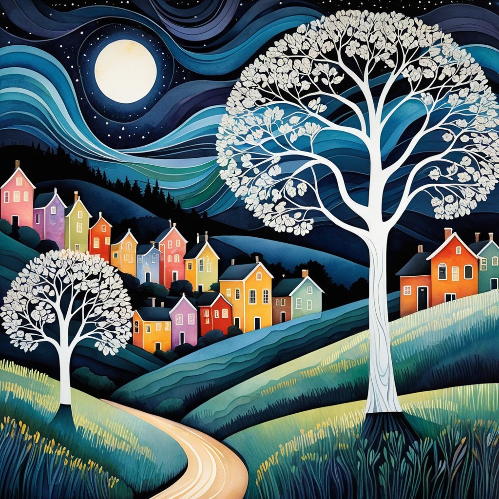 Whimsical Night Scene with Colorful Village and Moon
