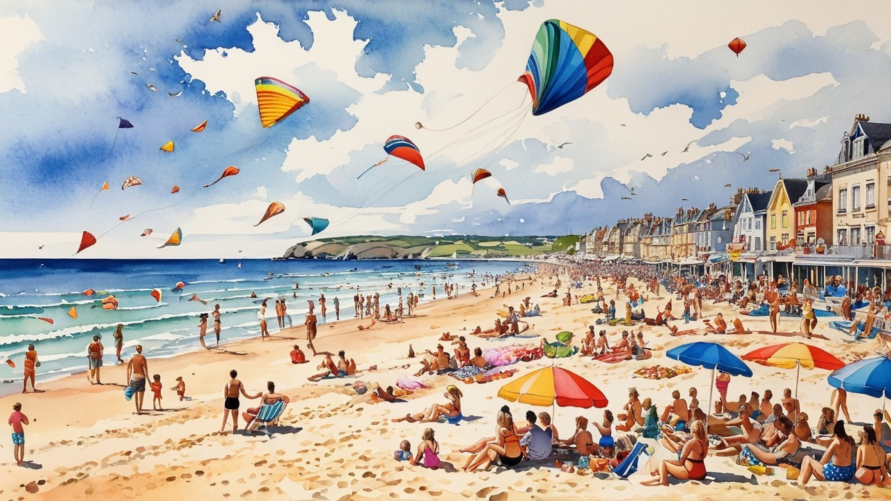 Vibrant Beach Scene with Sunbathers and Kites