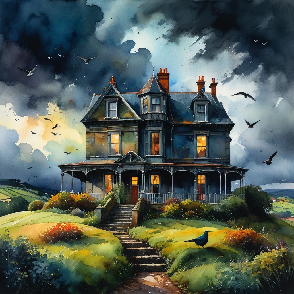 Victorian Mansion on Hill Surrounded by Gardens and Storm