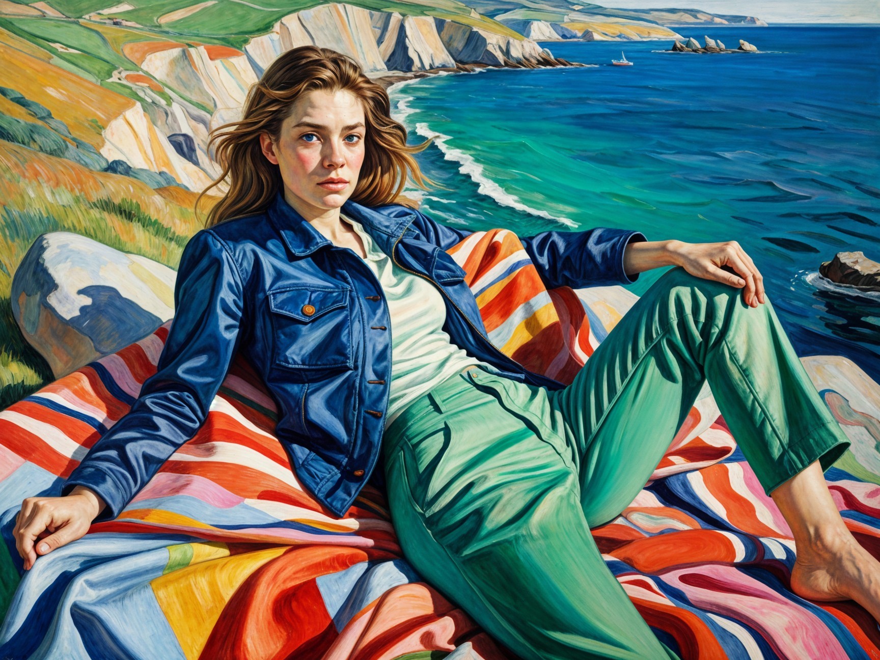 Young Woman Reclining on Colorful Blanket by Coastline