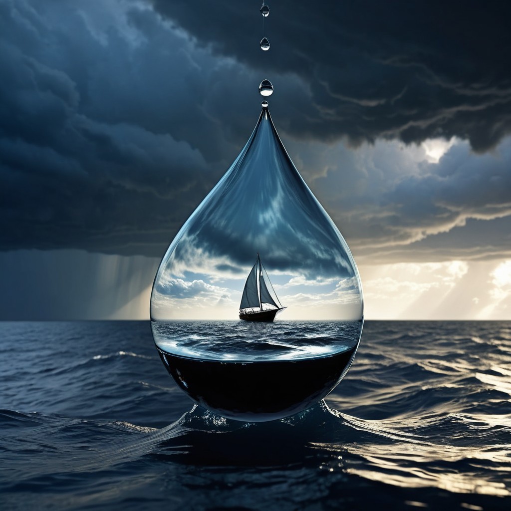 Large water droplet with sailboat scene inside