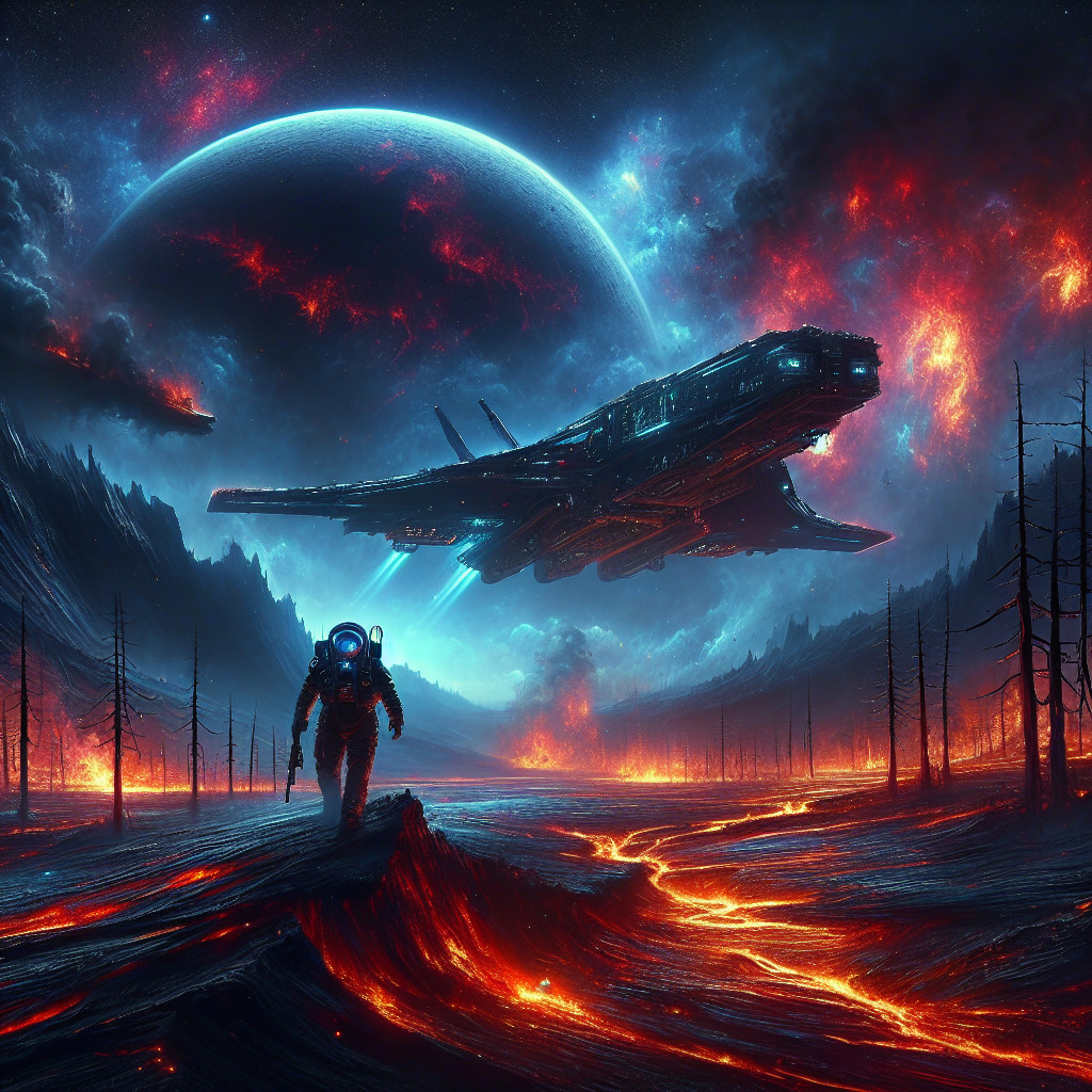 Astronaut on Volcanic Landscape with Futuristic Spaceship