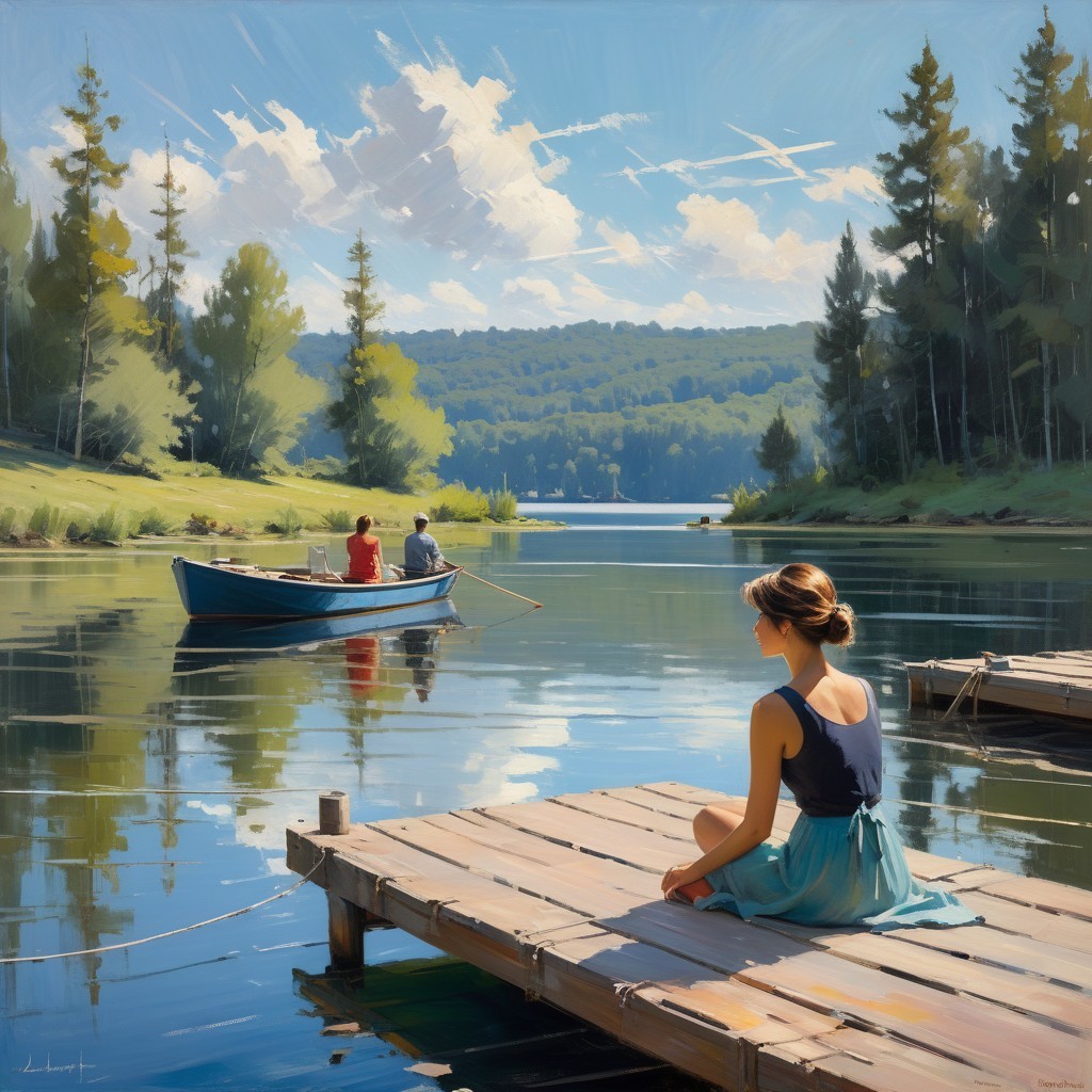 Lakeside Scene with Woman and Rowing Boat