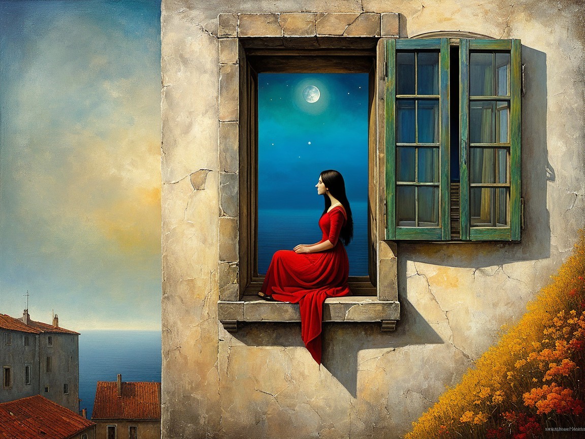 Woman in Red Dress by Open Window with Sea View