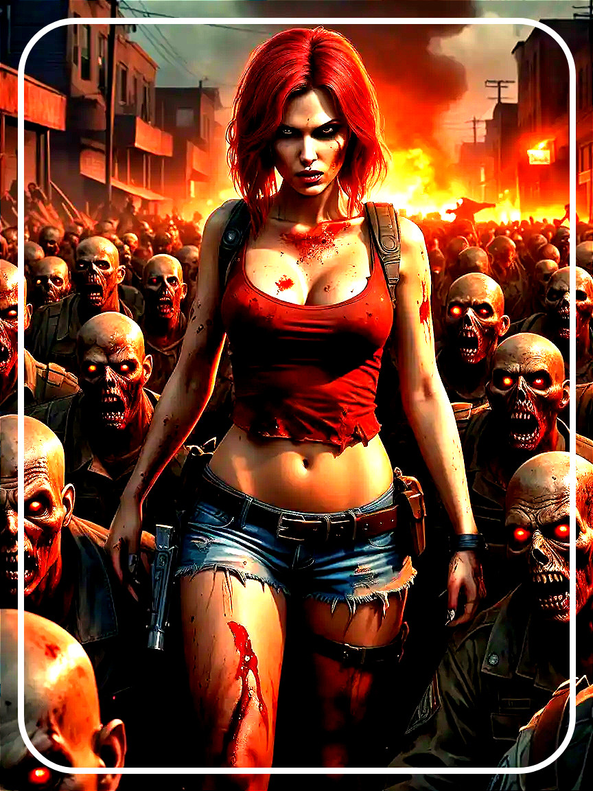 Fierce Woman Faces Zombies in Dystopian Landscape