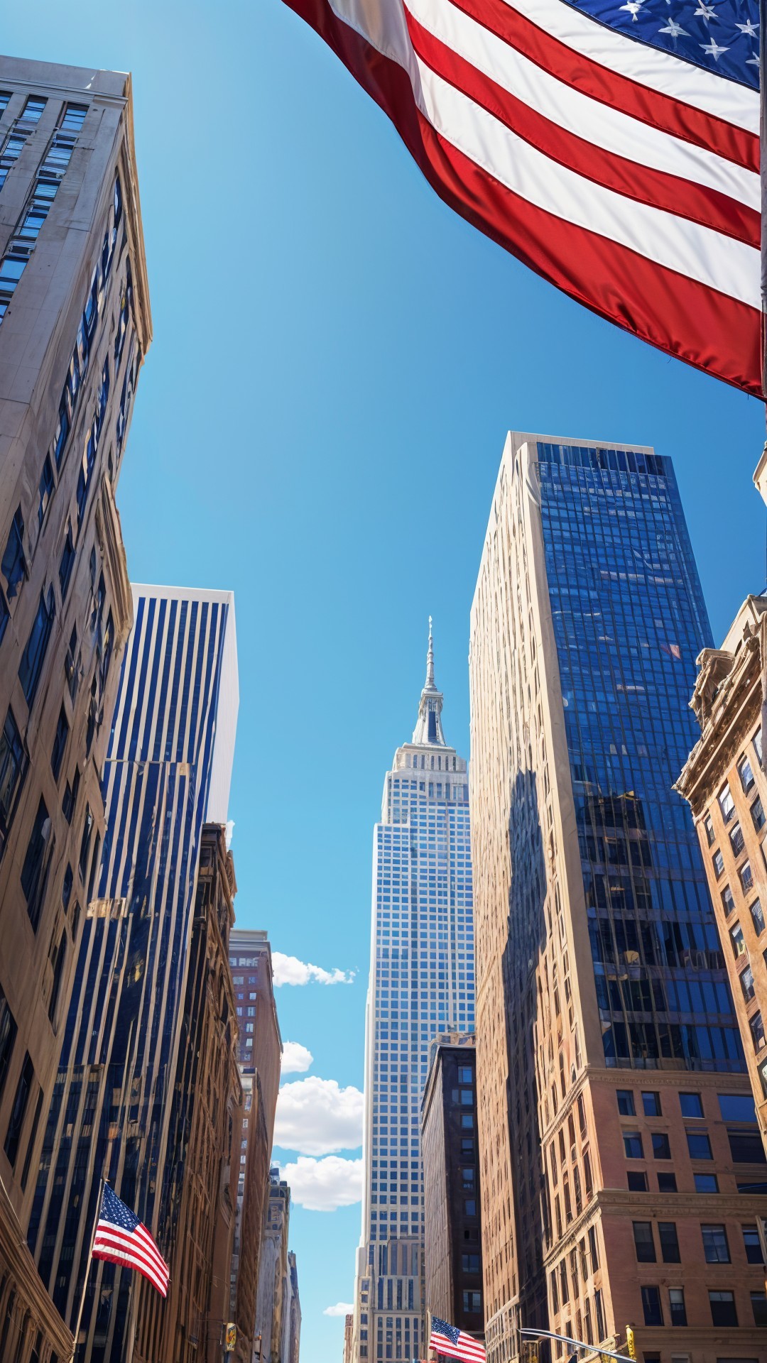Urban Cityscape with Skyscrapers and American Flags
