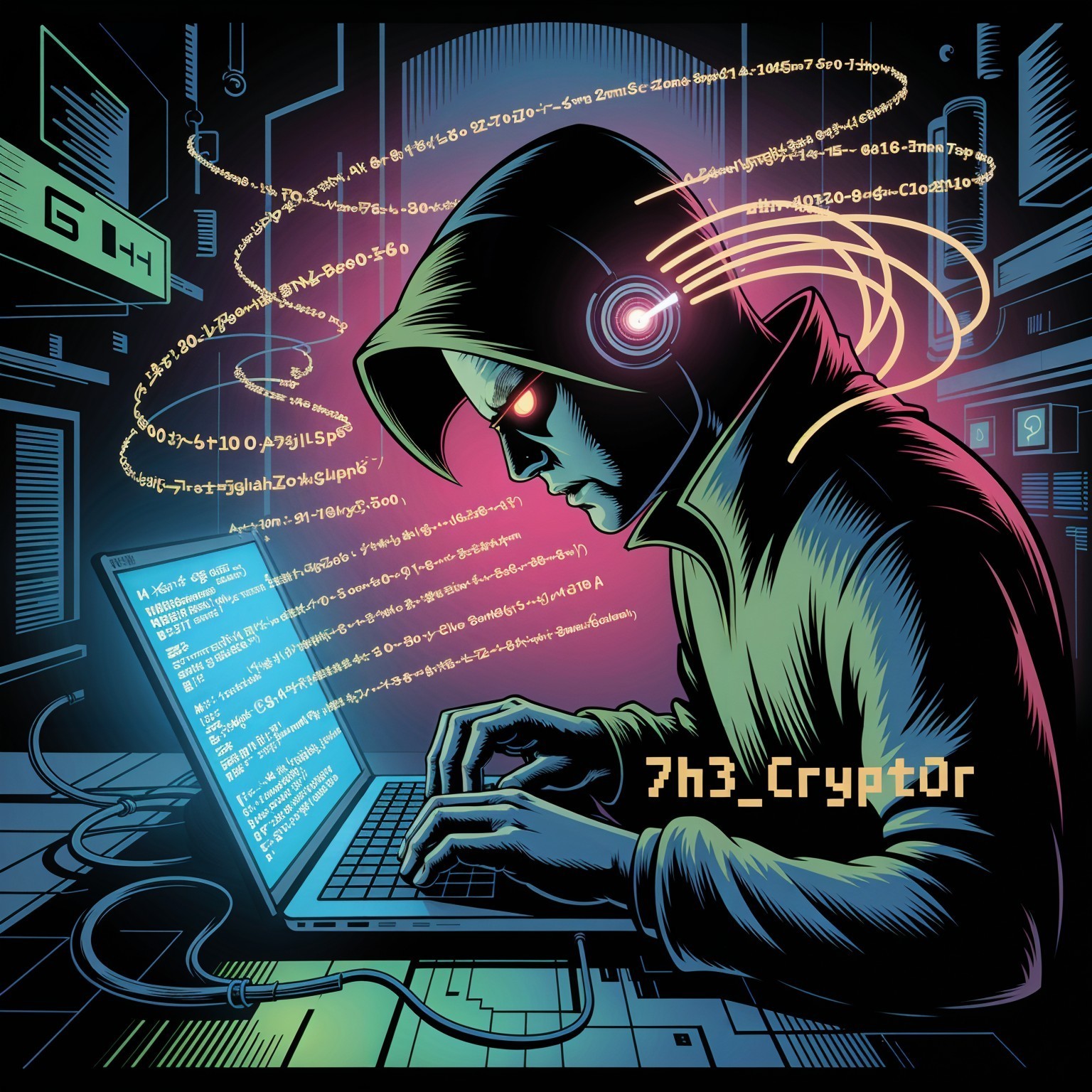 Hooded Figure Typing in Dark Cyberpunk Environment