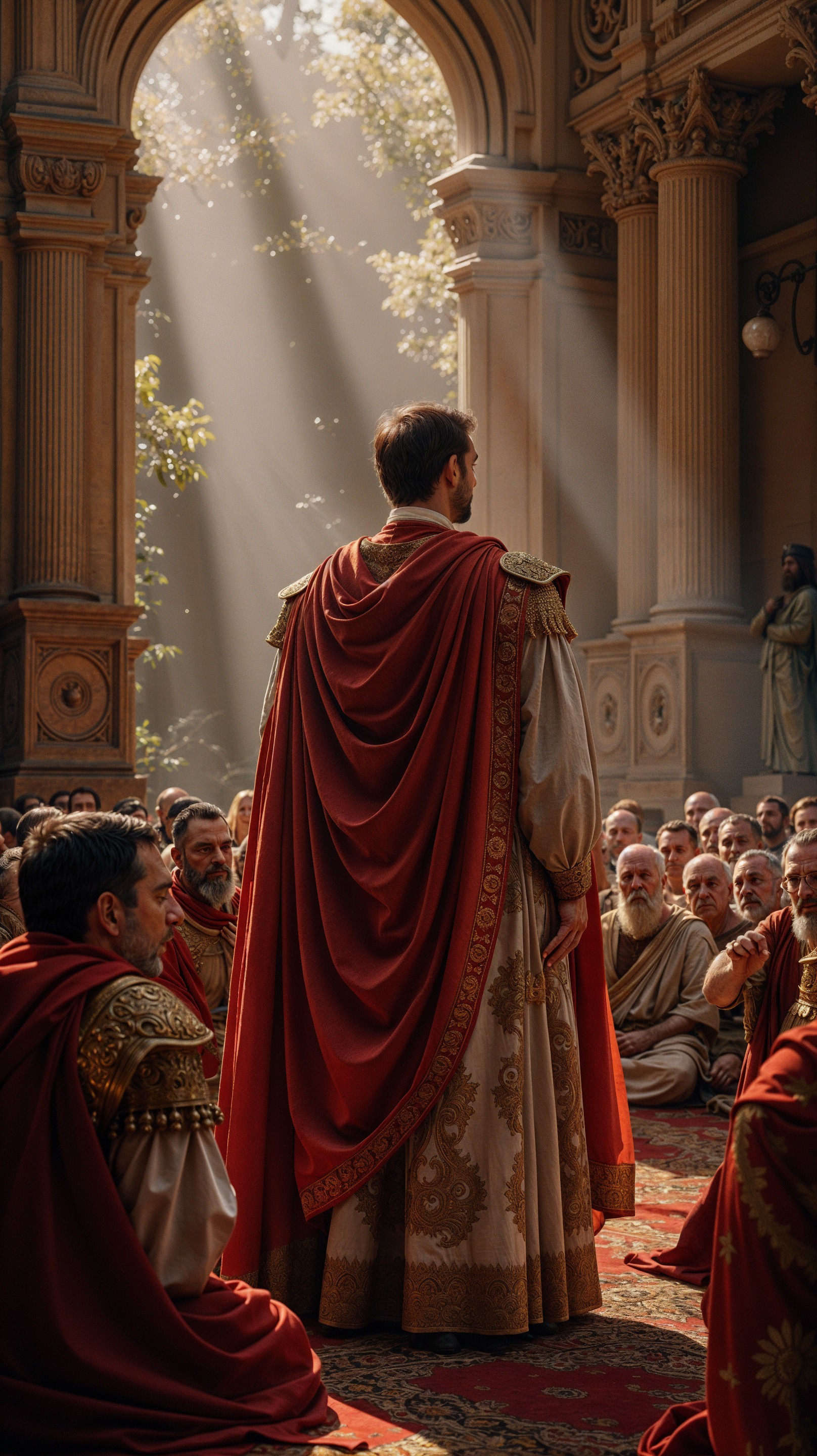 Regal figure addresses captivated assembly in grand hall