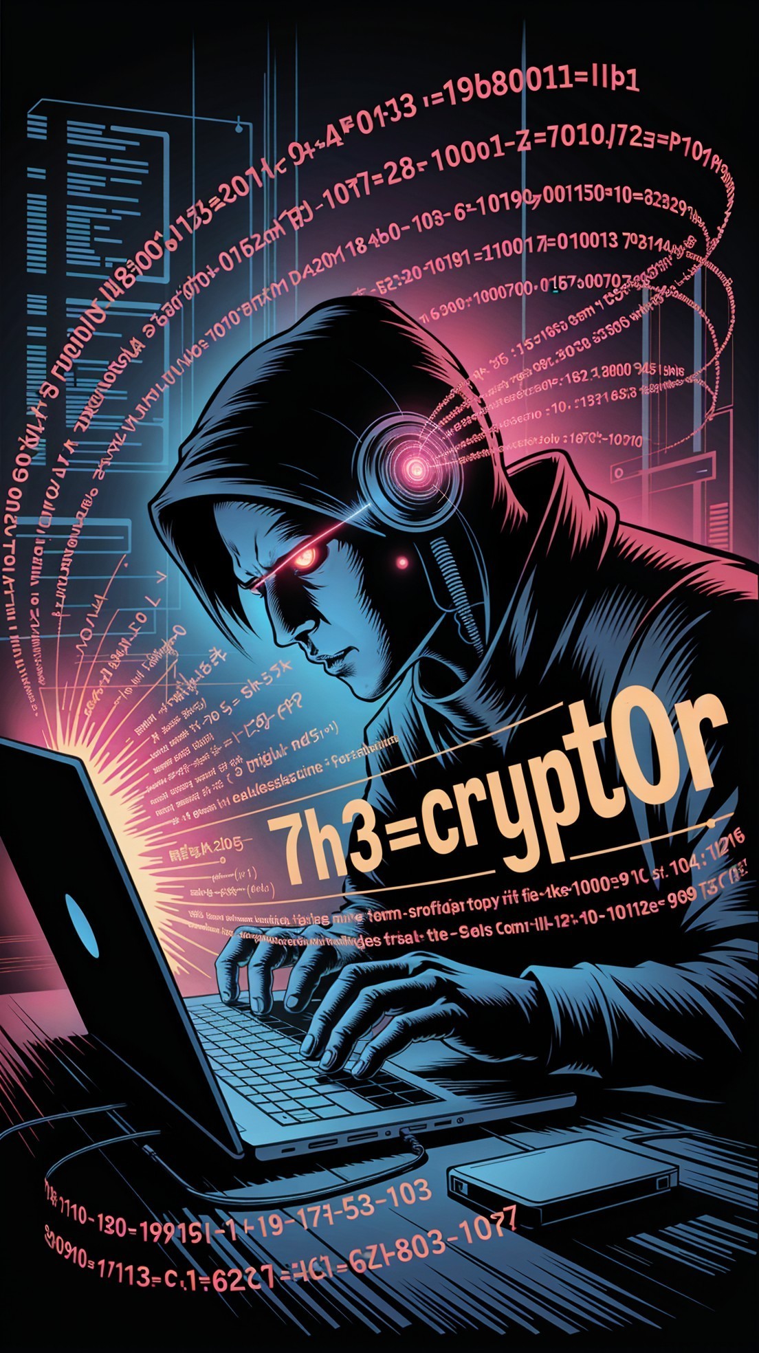 Cybernetic Scene with Hooded Figure and Digital Code