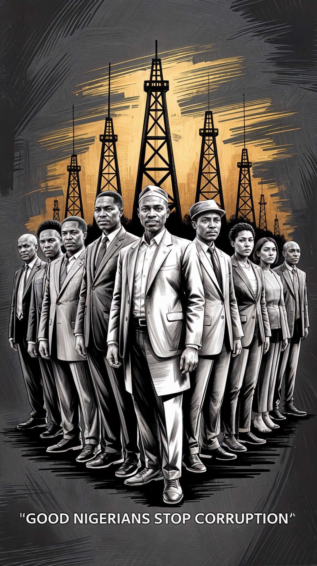 Diverse Individuals in Formal Attire Against Oil Towers