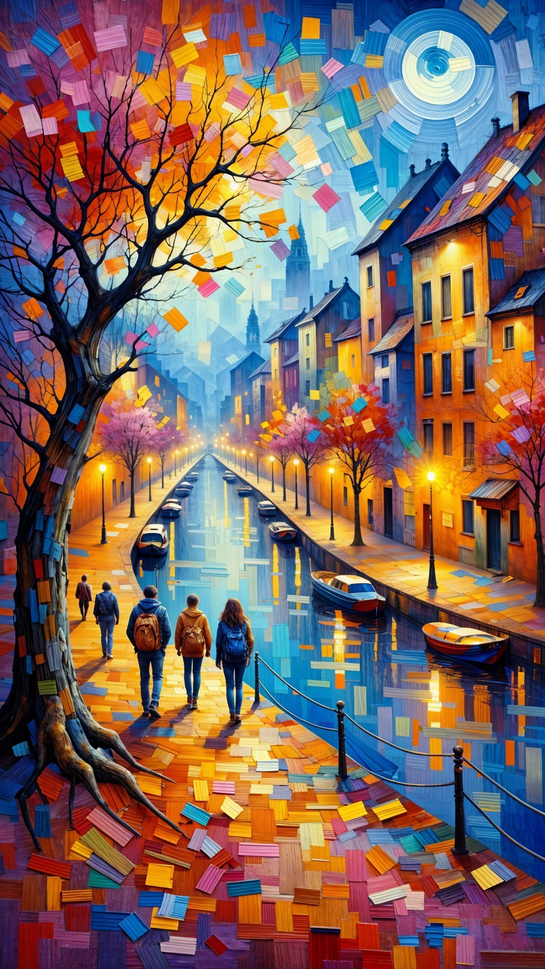 Colorful Canal Scene with Autumn Trees and Figures