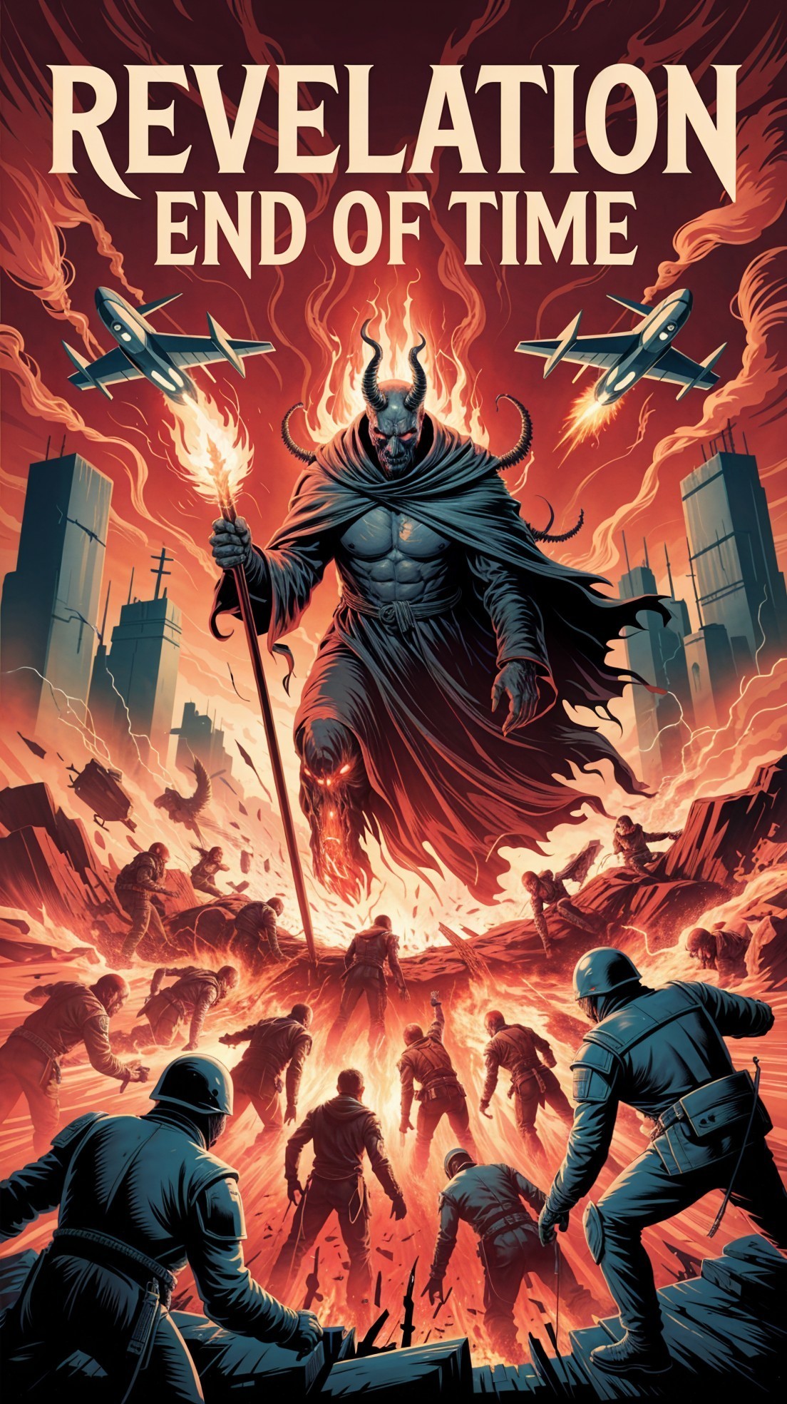 Dramatic Illustration of Sinister Figure and Chaos