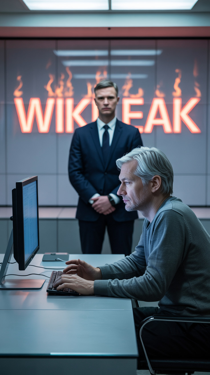 Ominous Office Scene with WIKILEAK Display