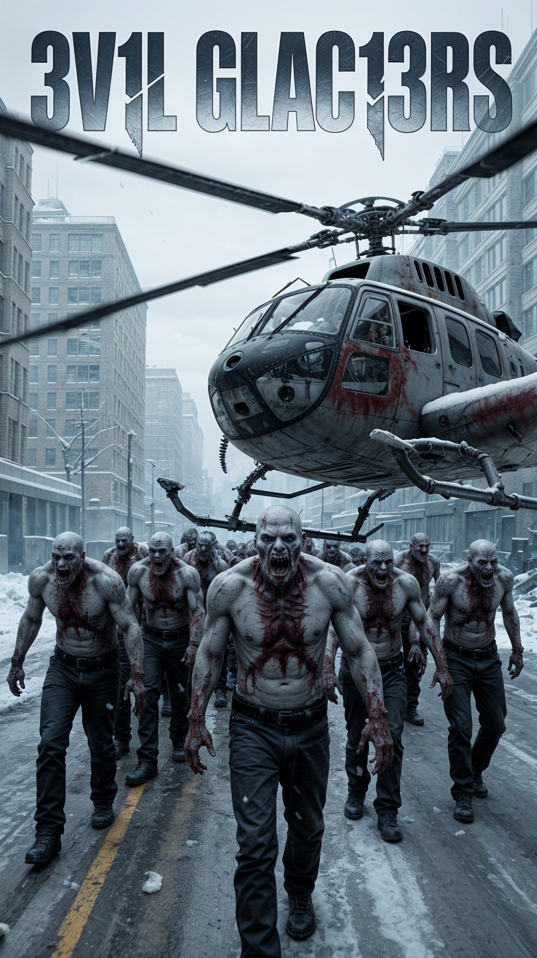 Snowy Urban Landscape with Zombies and Helicopter