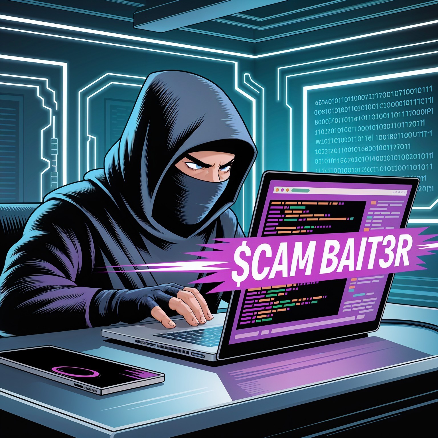 Cloaked Figure at Desk with Cybersecurity Setup