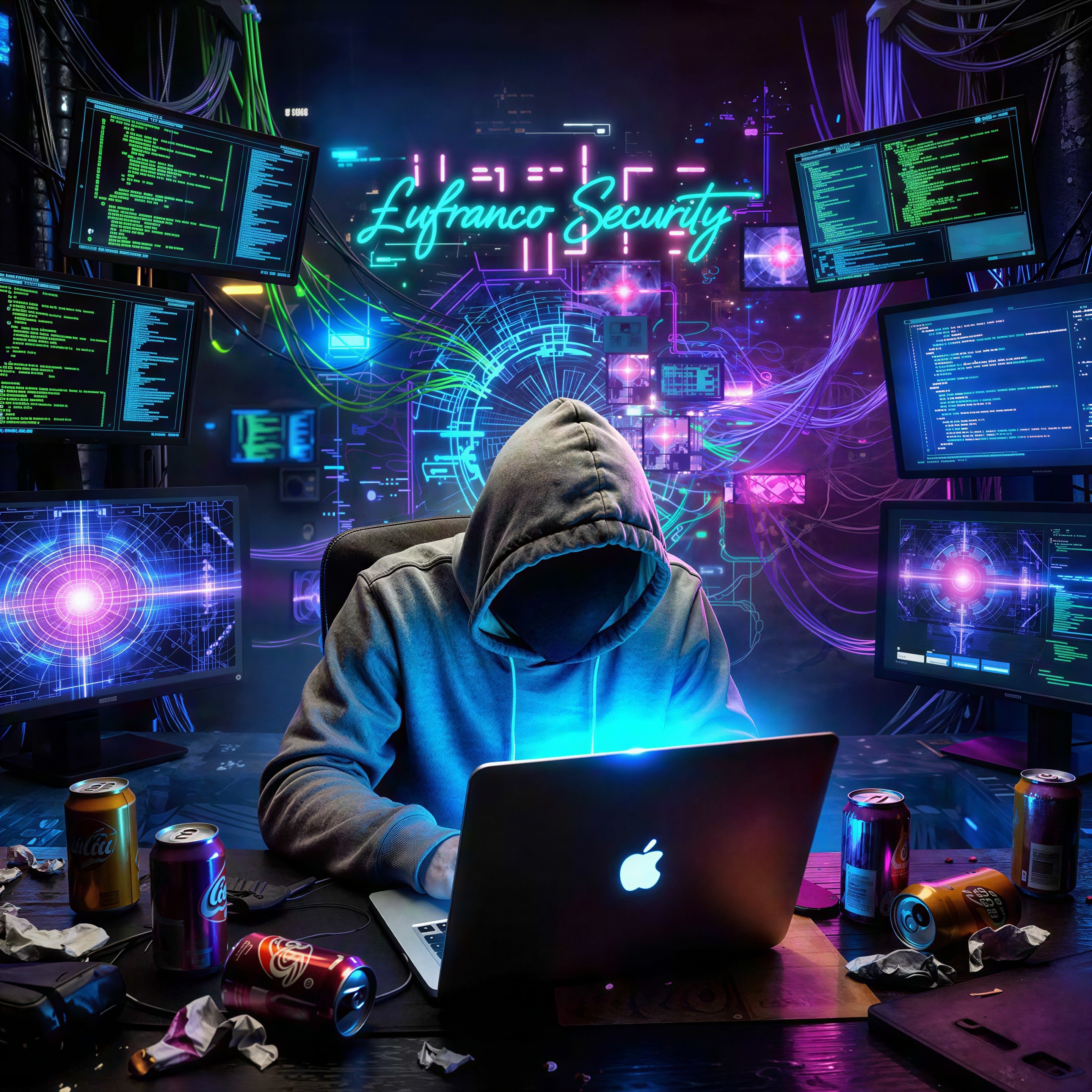 Futuristic Cyberpunk Illustration of Hooded Figure with Laptop