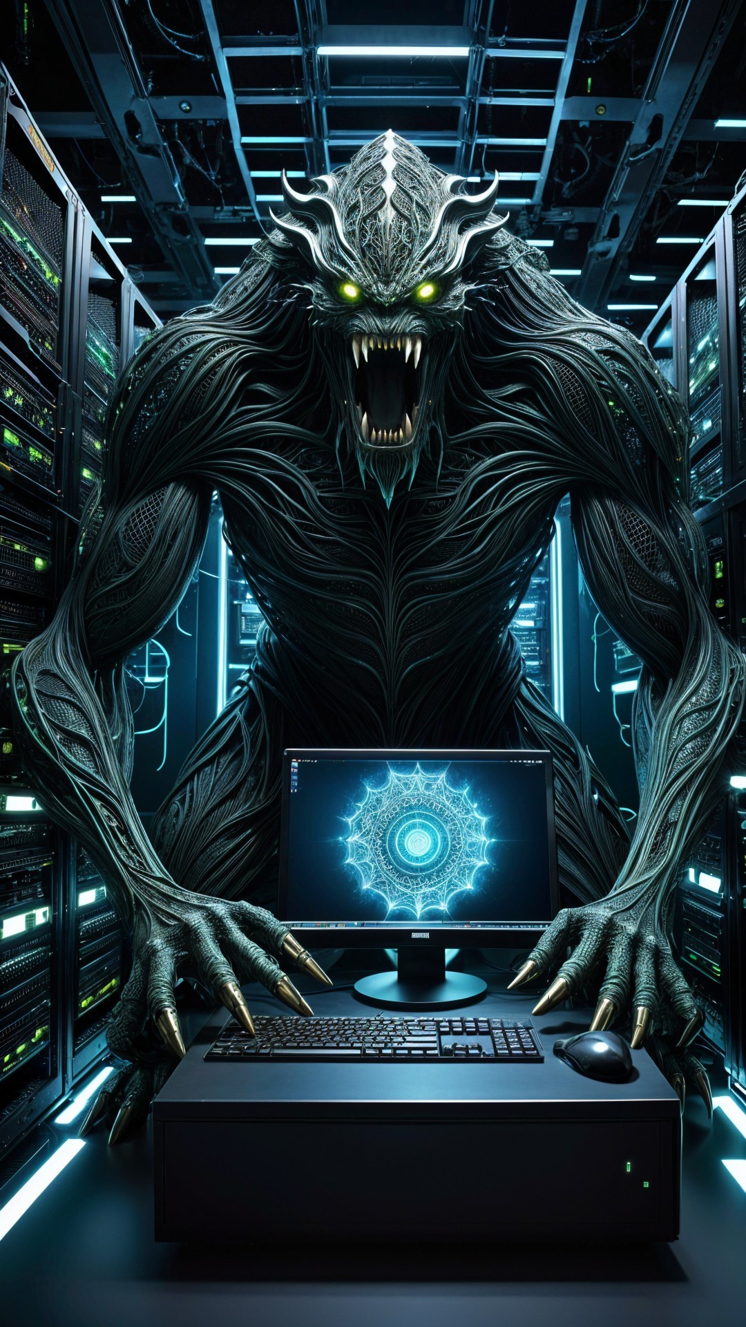 Monstrous creature in a dimly lit server room