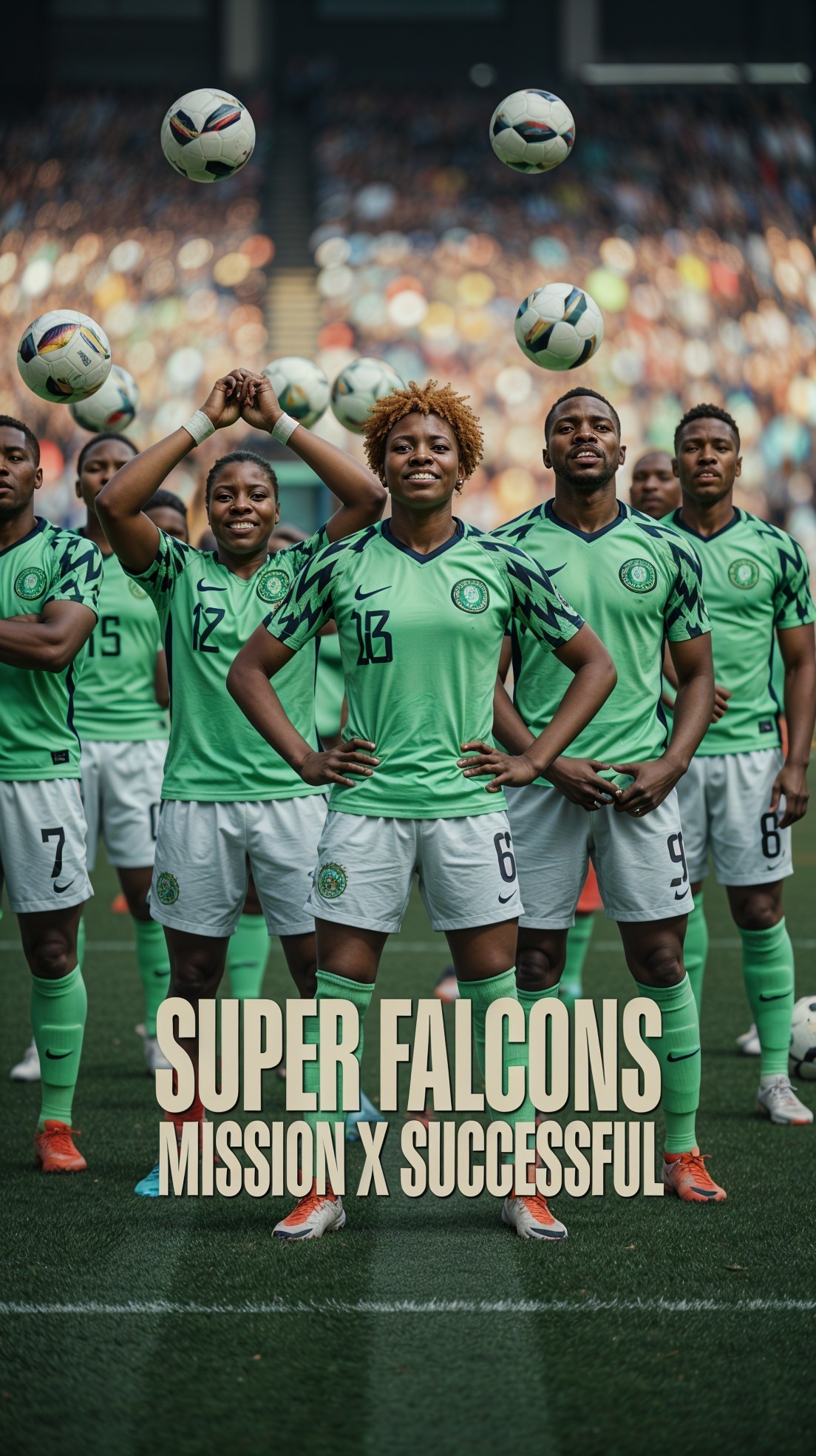 Athletes in Green Uniforms on Soccer Field Celebrating