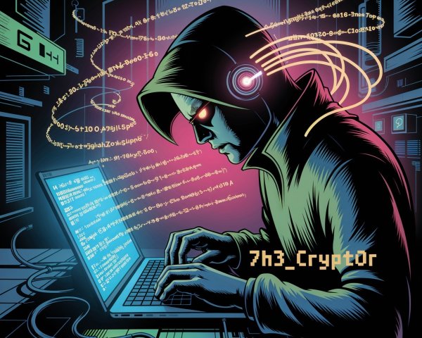 Hooded Figure Typing in Dark Cyberpunk Environment