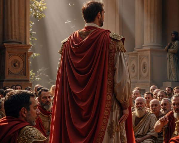 Regal figure addresses captivated assembly in grand hall