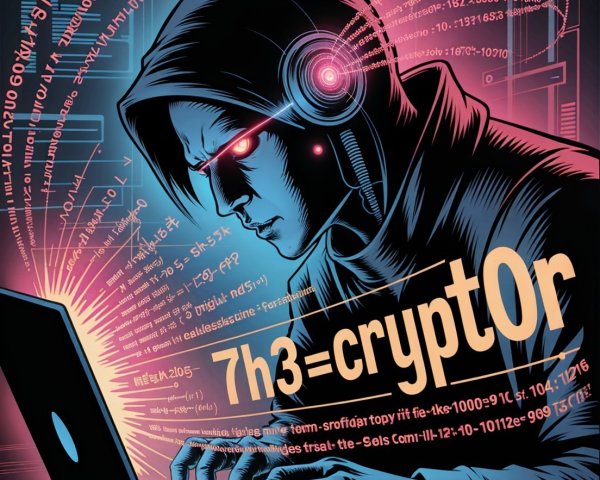 Cybernetic Scene with Hooded Figure and Digital Code