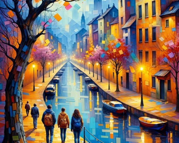 Colorful Canal Scene with Autumn Trees and Figures