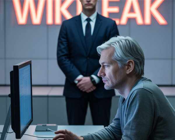 Ominous Office Scene with WIKILEAK Display