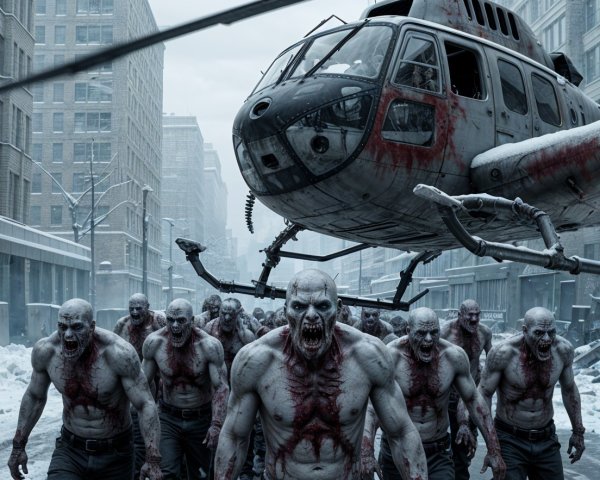 Snowy Urban Landscape with Zombies and Helicopter