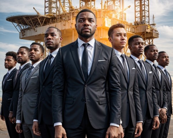 Well-Dressed Men in Front of Oil Rig and Sky
