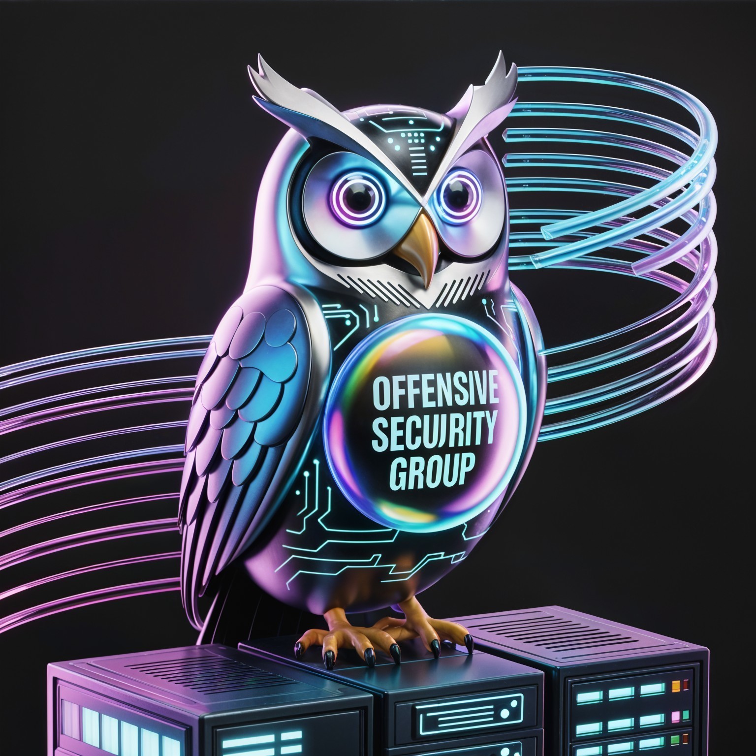 Stylized owl figure on futuristic neon base design