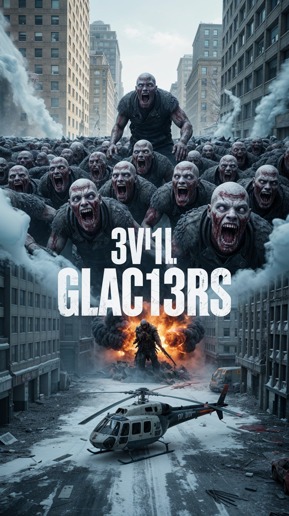 Dystopian Cityscape with Zombie Creatures and Warrior